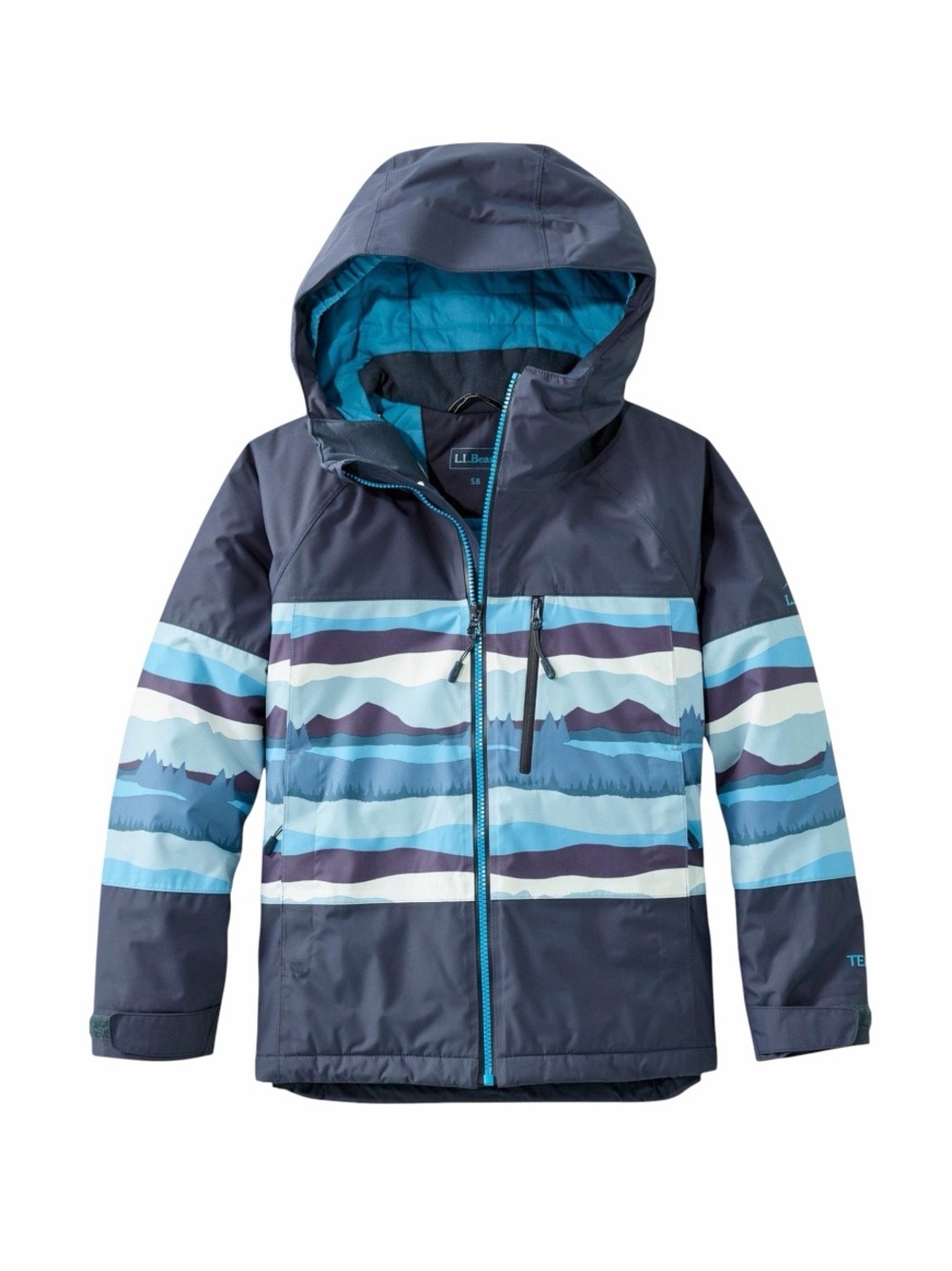 L.L.Bean Kids Waterproof Ski Jacket Blue Mountain Print Hooded Insulated L 14-16